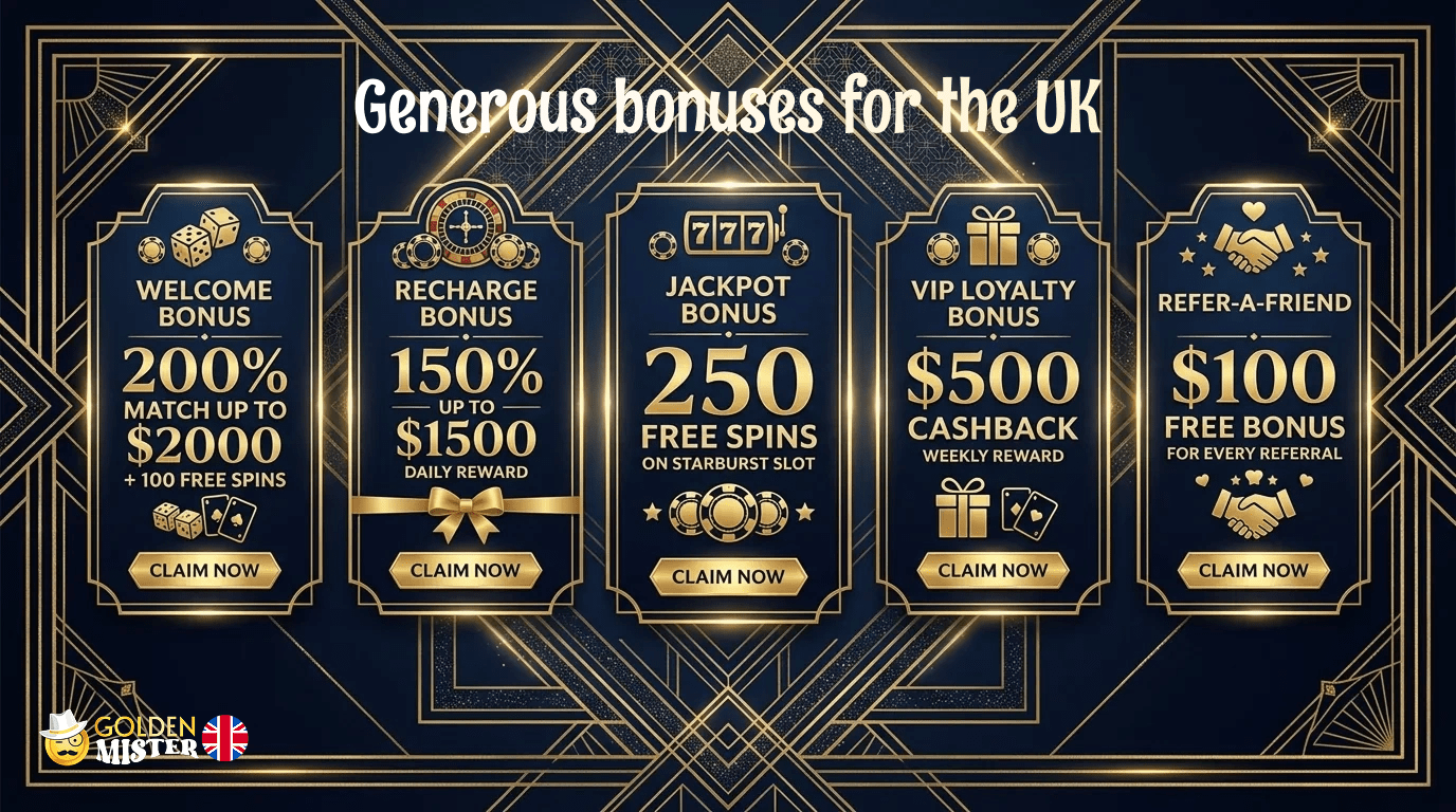 Golden Mister UK Casino offers a multitude of generous bonuses